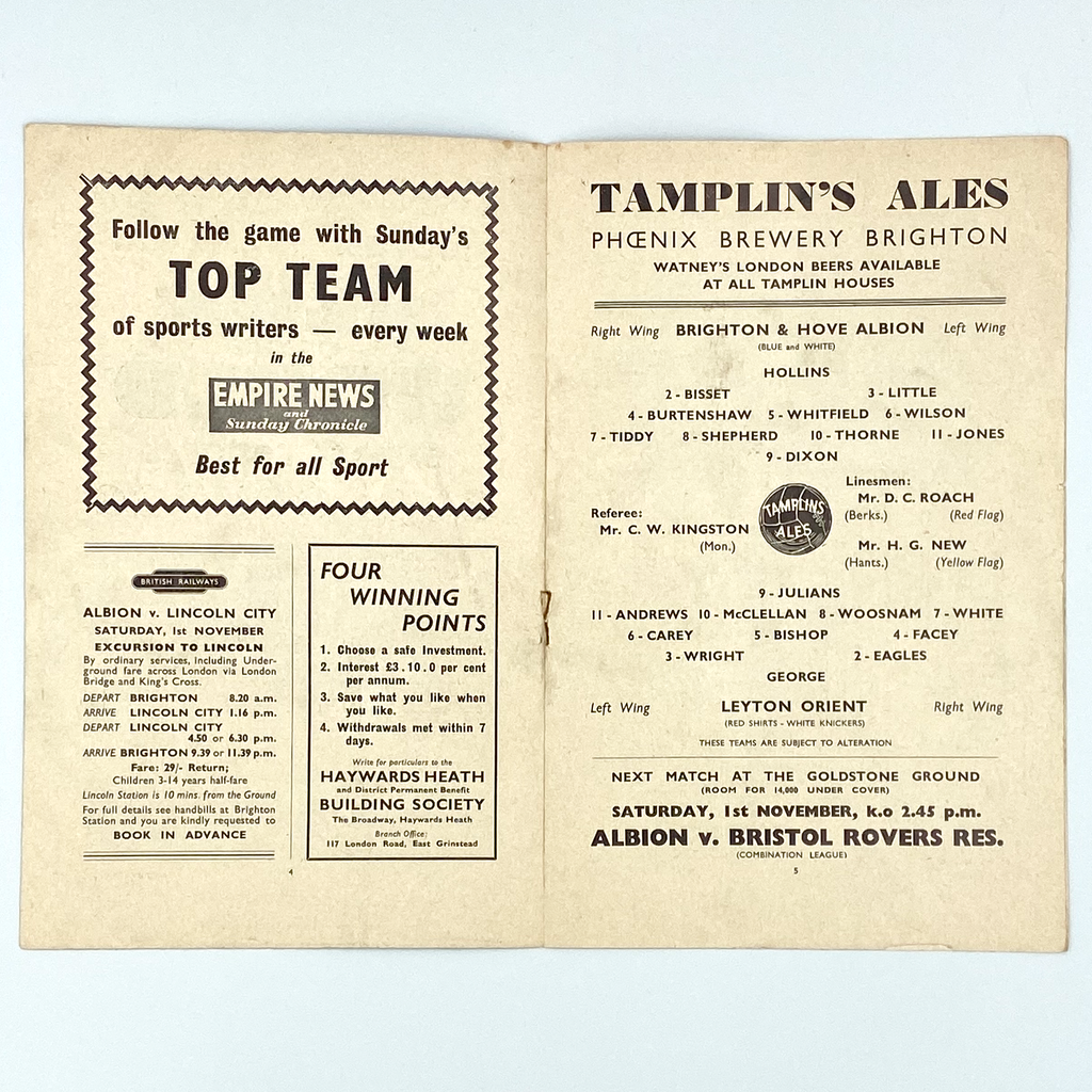 Brighton & Hove Albion vs Leyton Orient Programme (25 October 1958)