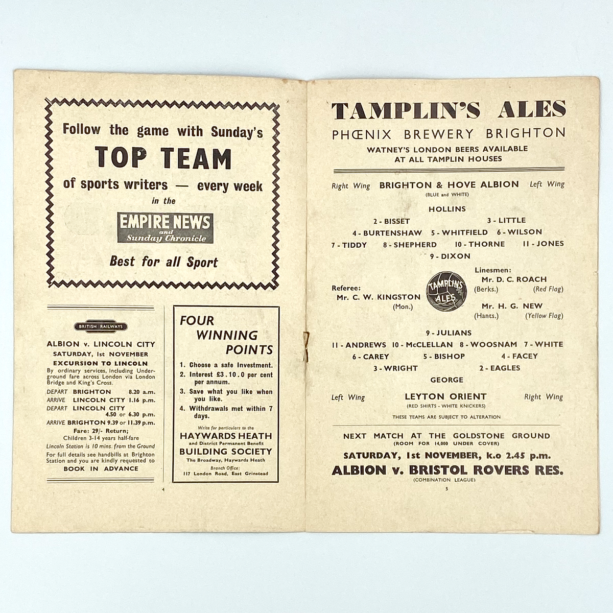 Brighton & Hove Albion vs Leyton Orient Programme (25 October 1958)