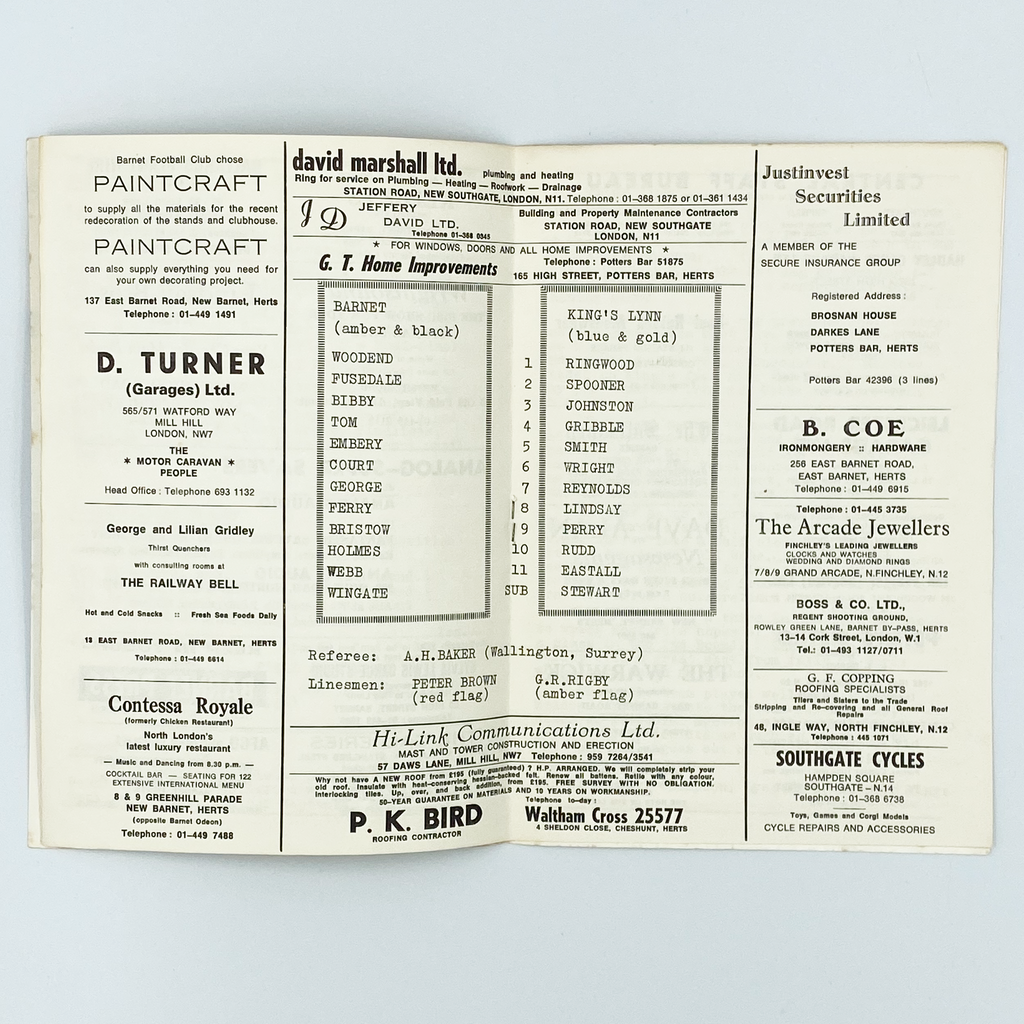 Barnet vs King's Lynn Town Programme (26 August 1974)
