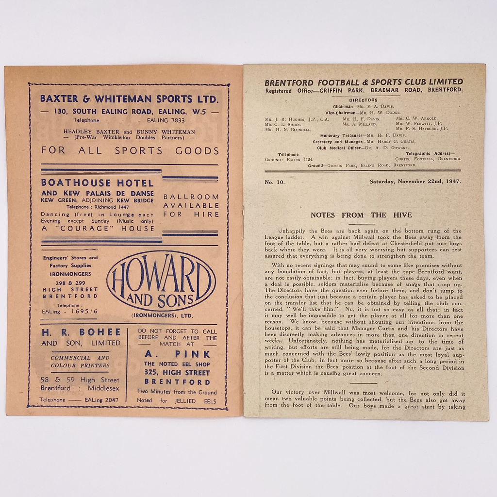 Brentford vs West Ham United Programme (22 November 1947)