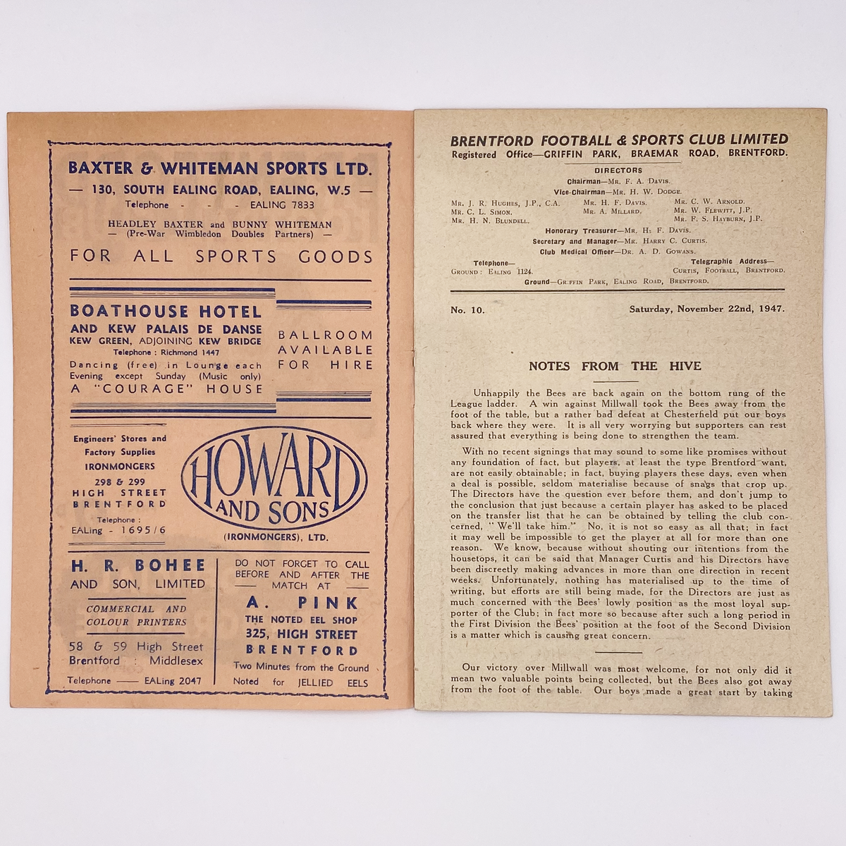 Brentford vs West Ham United Programme (22 November 1947)