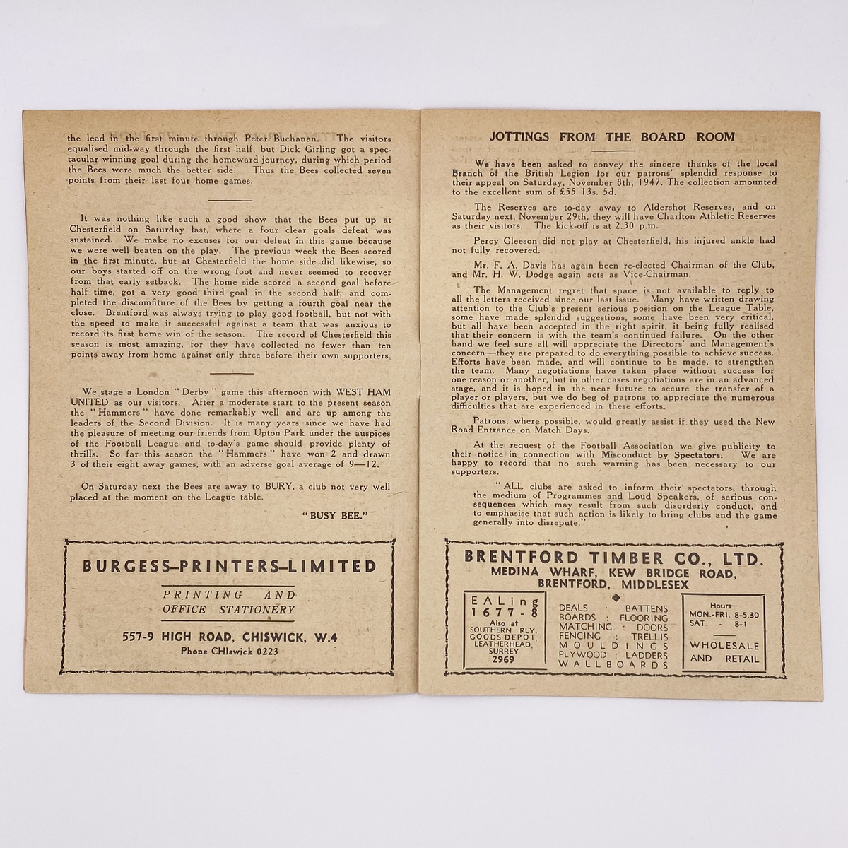 Brentford vs West Ham United Programme (22 November 1947)