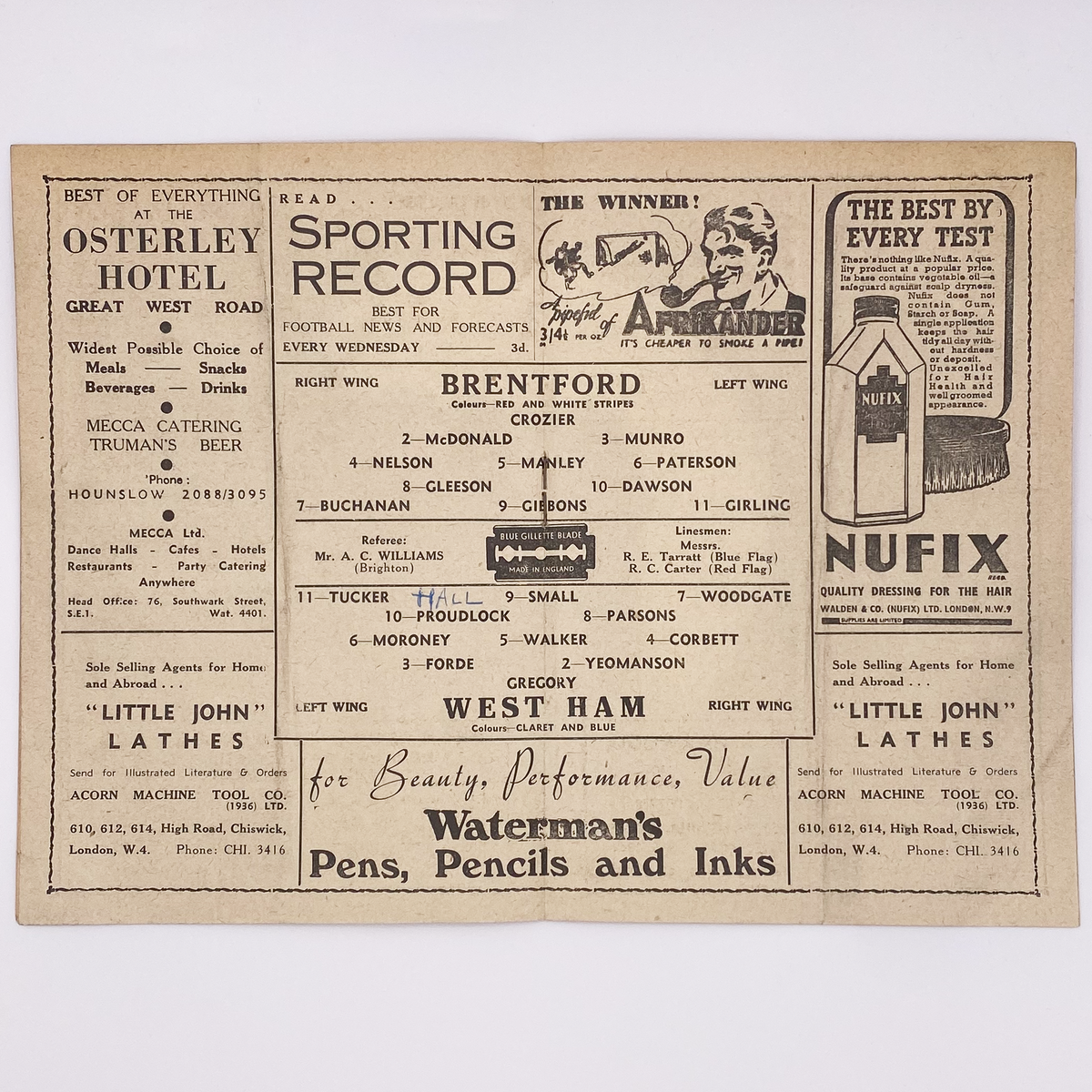Brentford vs West Ham United Programme (22 November 1947)