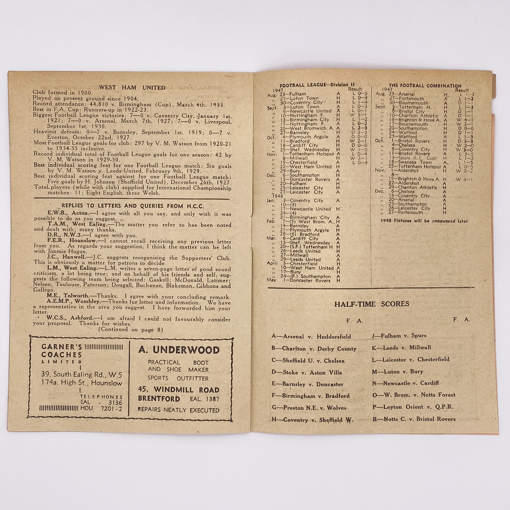 Brentford vs West Ham United Programme (22 November 1947)