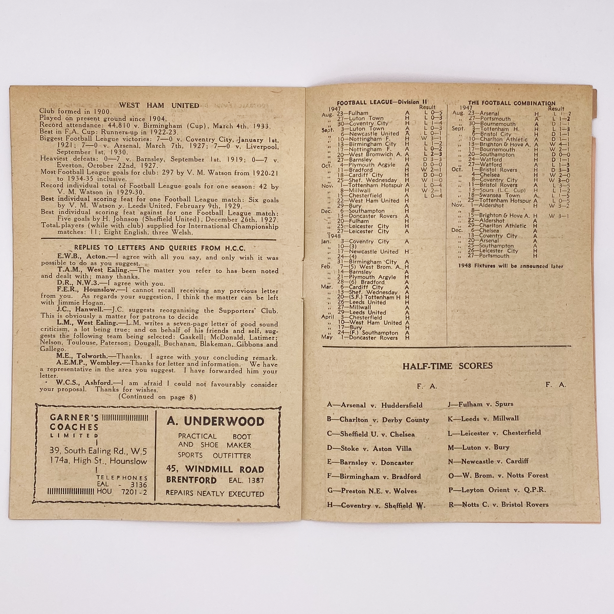 Brentford vs West Ham United Programme (22 November 1947)