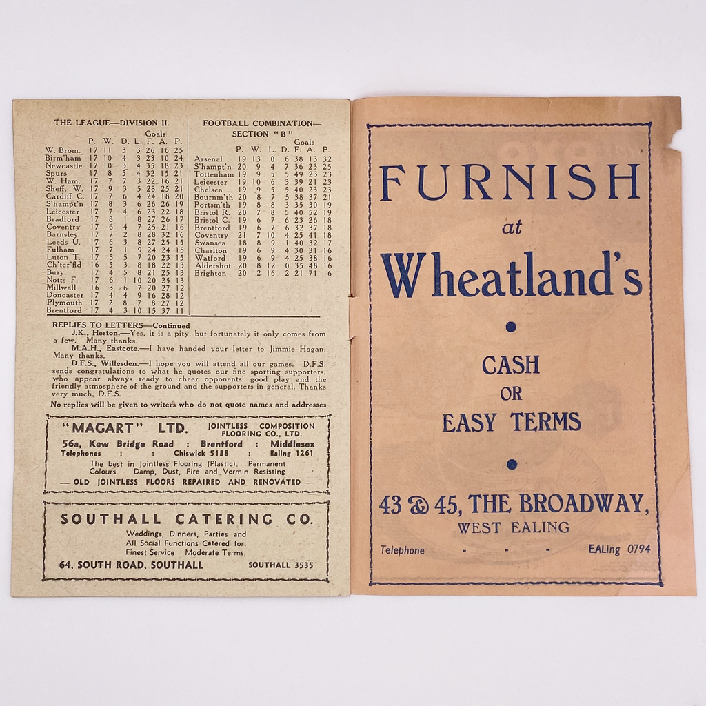 Brentford vs West Ham United Programme (22 November 1947)