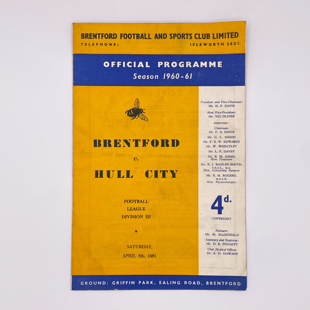 Brentford vs Hull City Programme (8 April 1961)