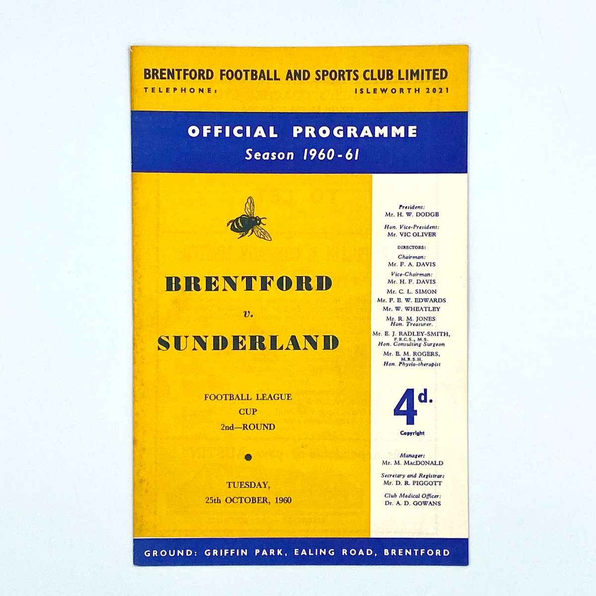 Brentford vs Sunderland Programme (25 October 1960)