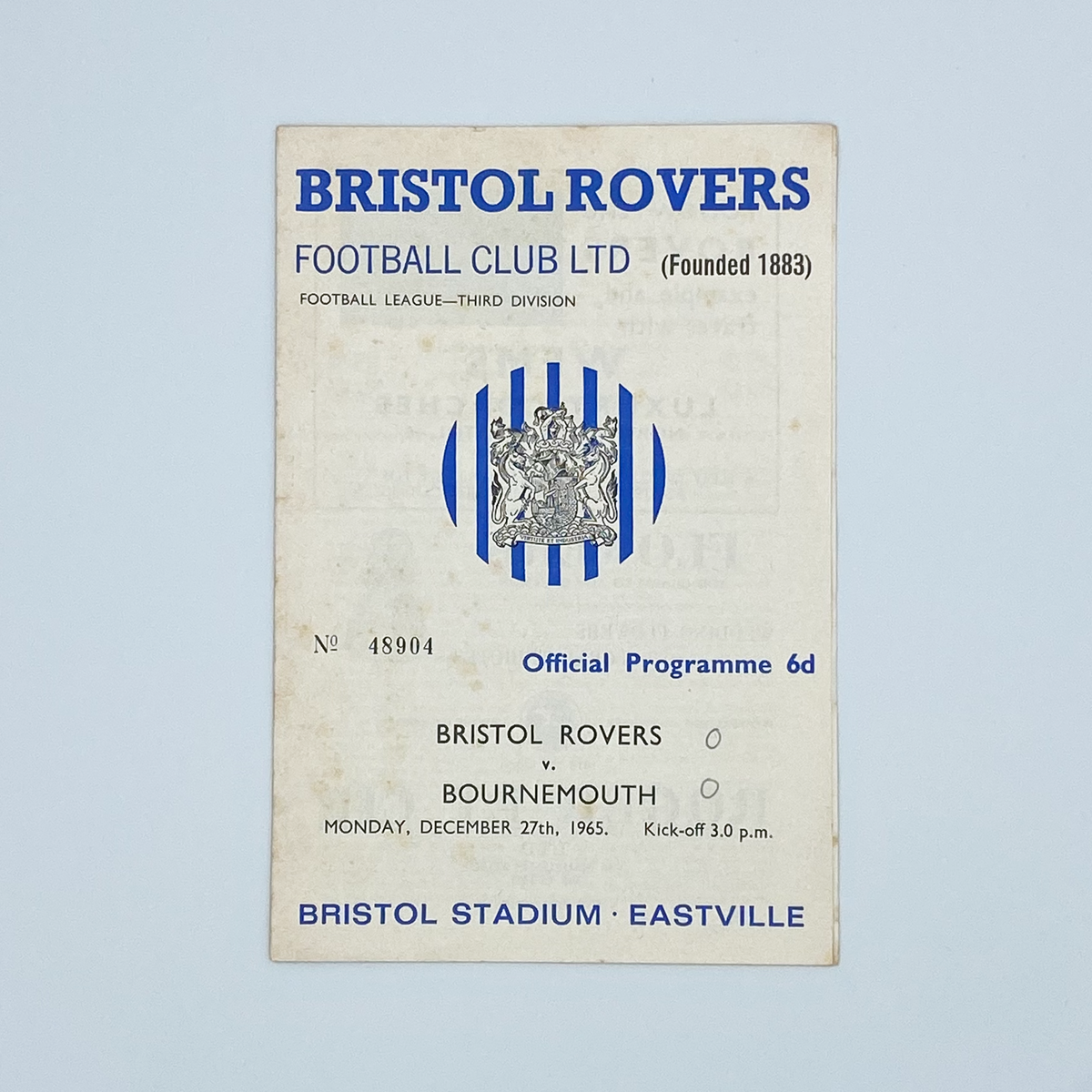 Bristol Rovers vs AFC Bournemouth Programme (27 December 1965)