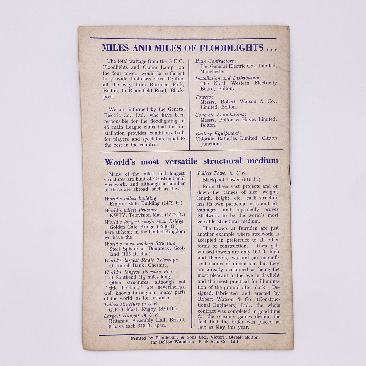 Bolton Wanderers vs C.D.S.A. Moscow Programme (4 November 1957)