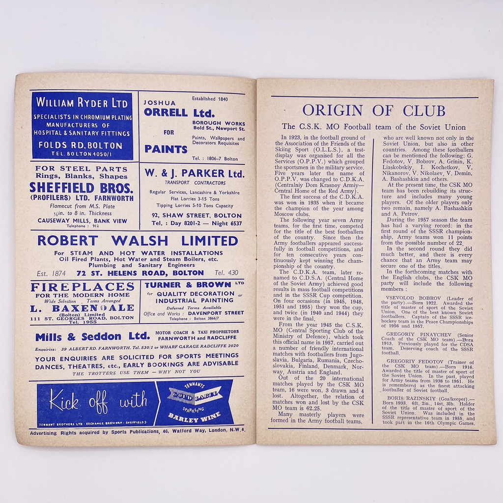 Bolton Wanderers vs C.D.S.A. Moscow Programme (4 November 1957)