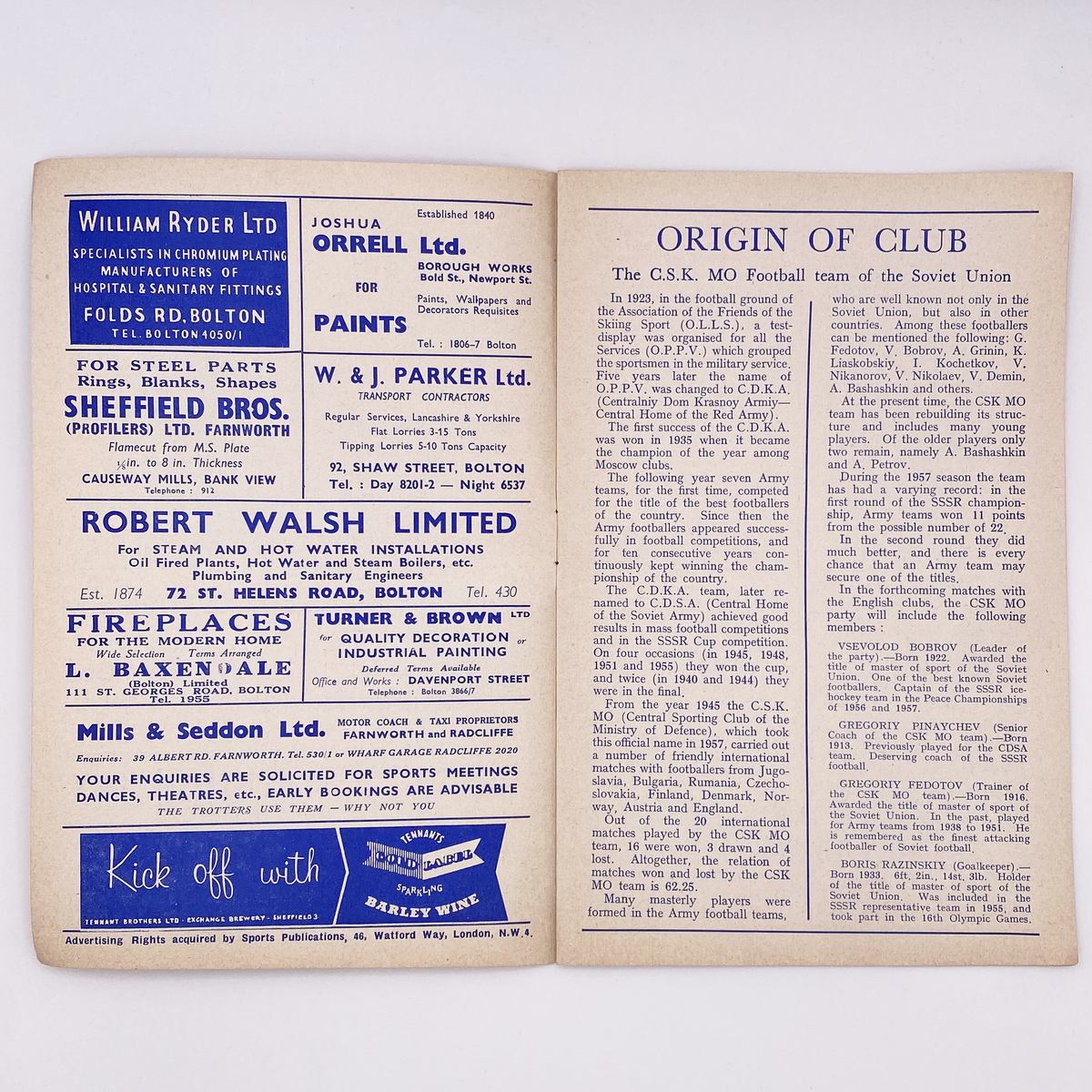 Bolton Wanderers vs C.D.S.A. Moscow Programme (4 November 1957)