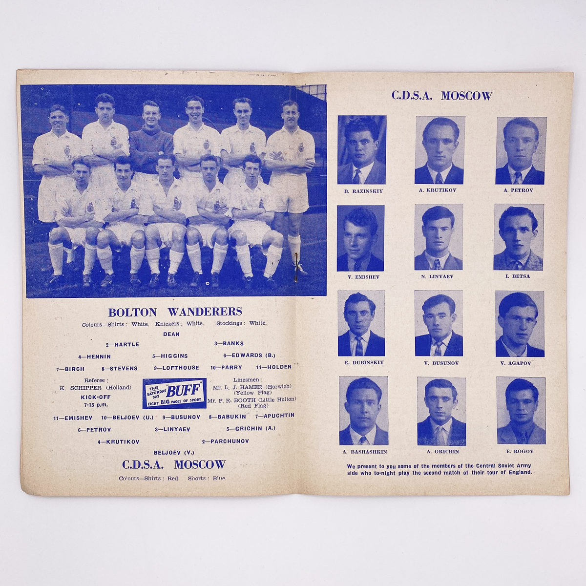 Bolton Wanderers vs C.D.S.A. Moscow Programme (4 November 1957)