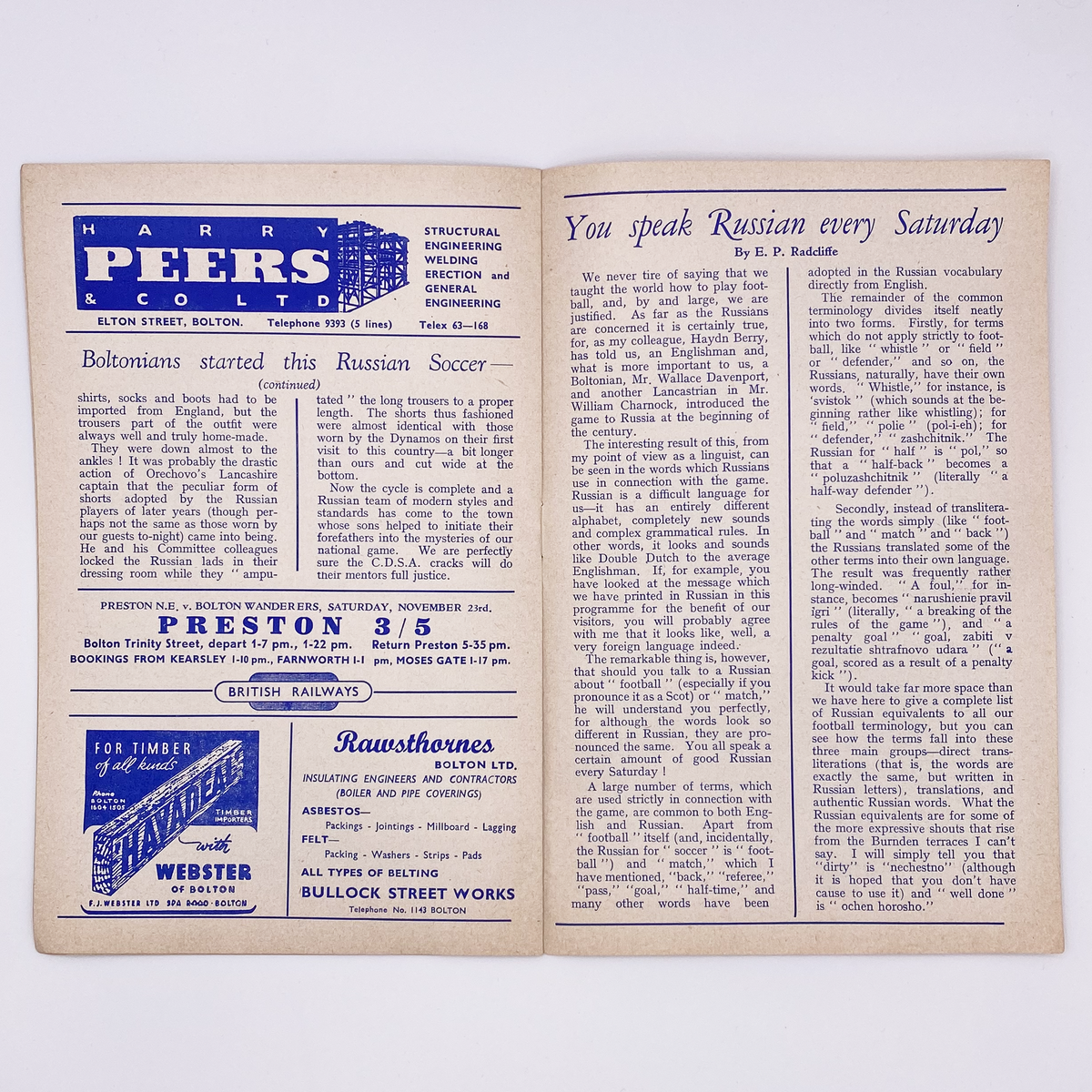 Bolton Wanderers vs C.D.S.A. Moscow Programme (4 November 1957)
