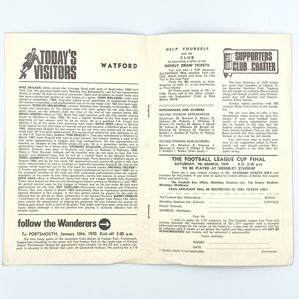 Bolton Wanderers vs Watford Programme (3 January 1970)