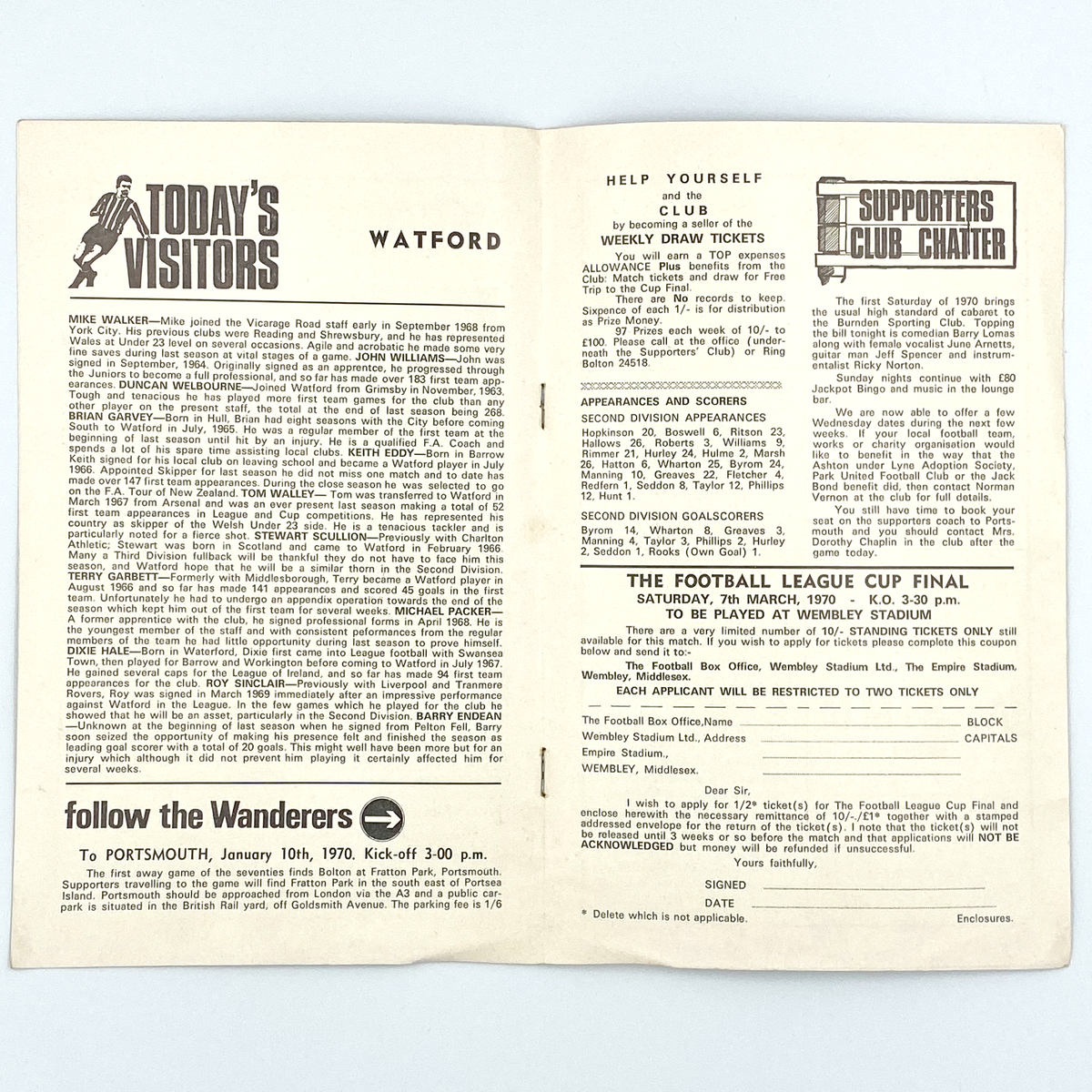Bolton Wanderers vs Watford Programme (3 January 1970)