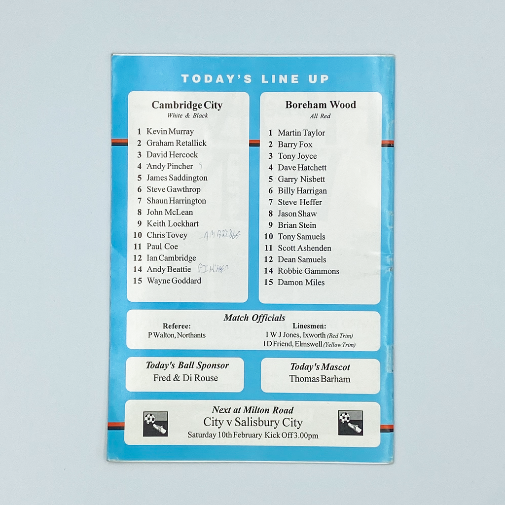 Cambridge City vs Boreham Wood Programme (20 January 1996)