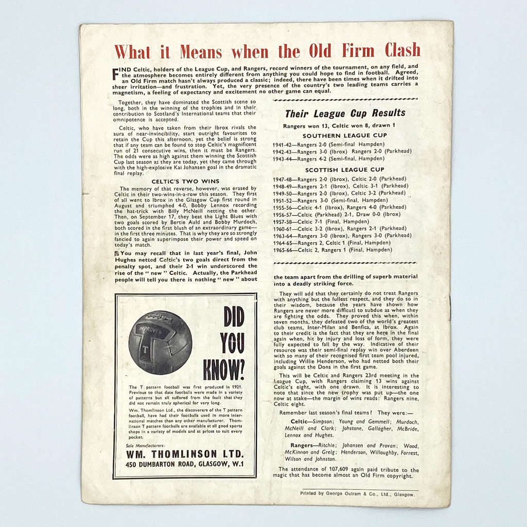 1966 Scottish League Cup Final Programme (29 October 1966)