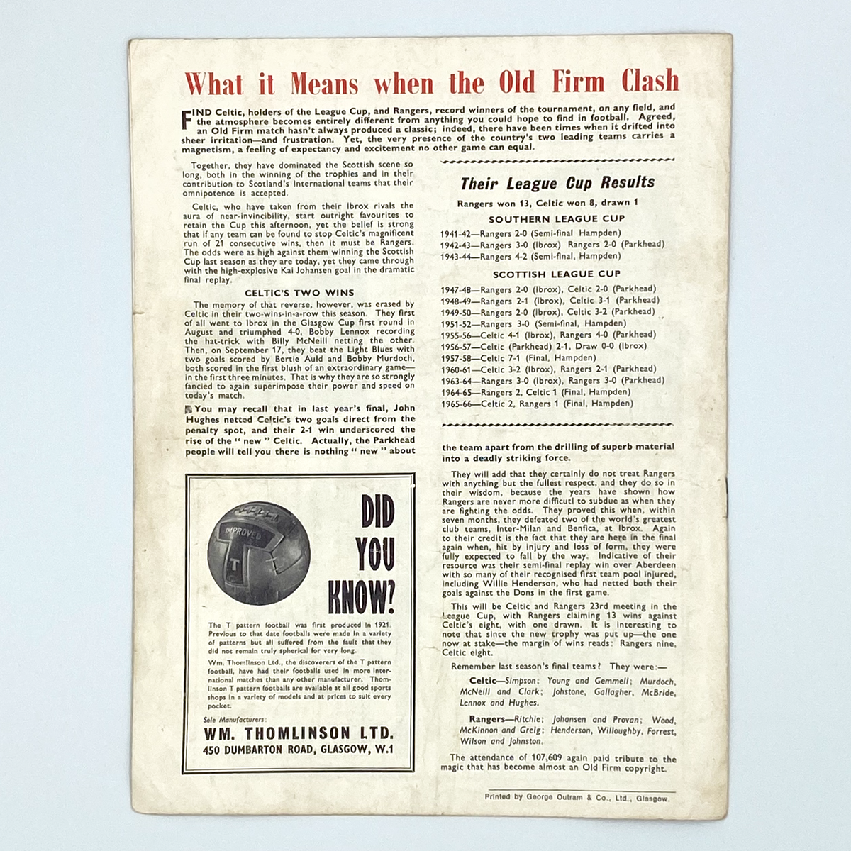 1966 Scottish League Cup Final Programme (29 October 1966)