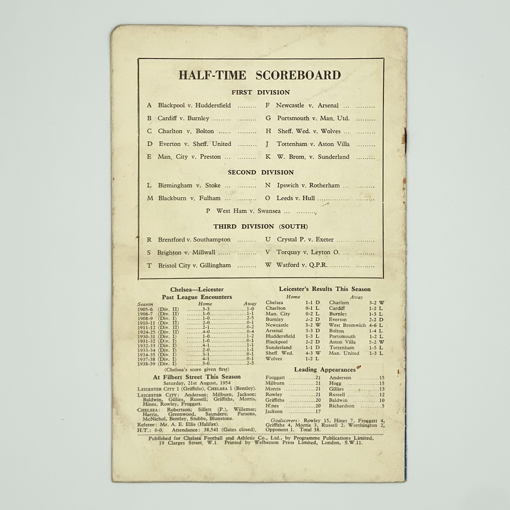 Chelsea vs Leicester City Programme (18 December 1954)