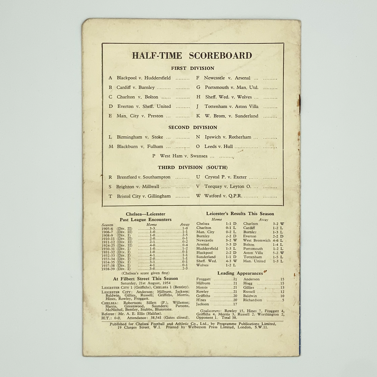 Chelsea vs Leicester City Programme (18 December 1954)