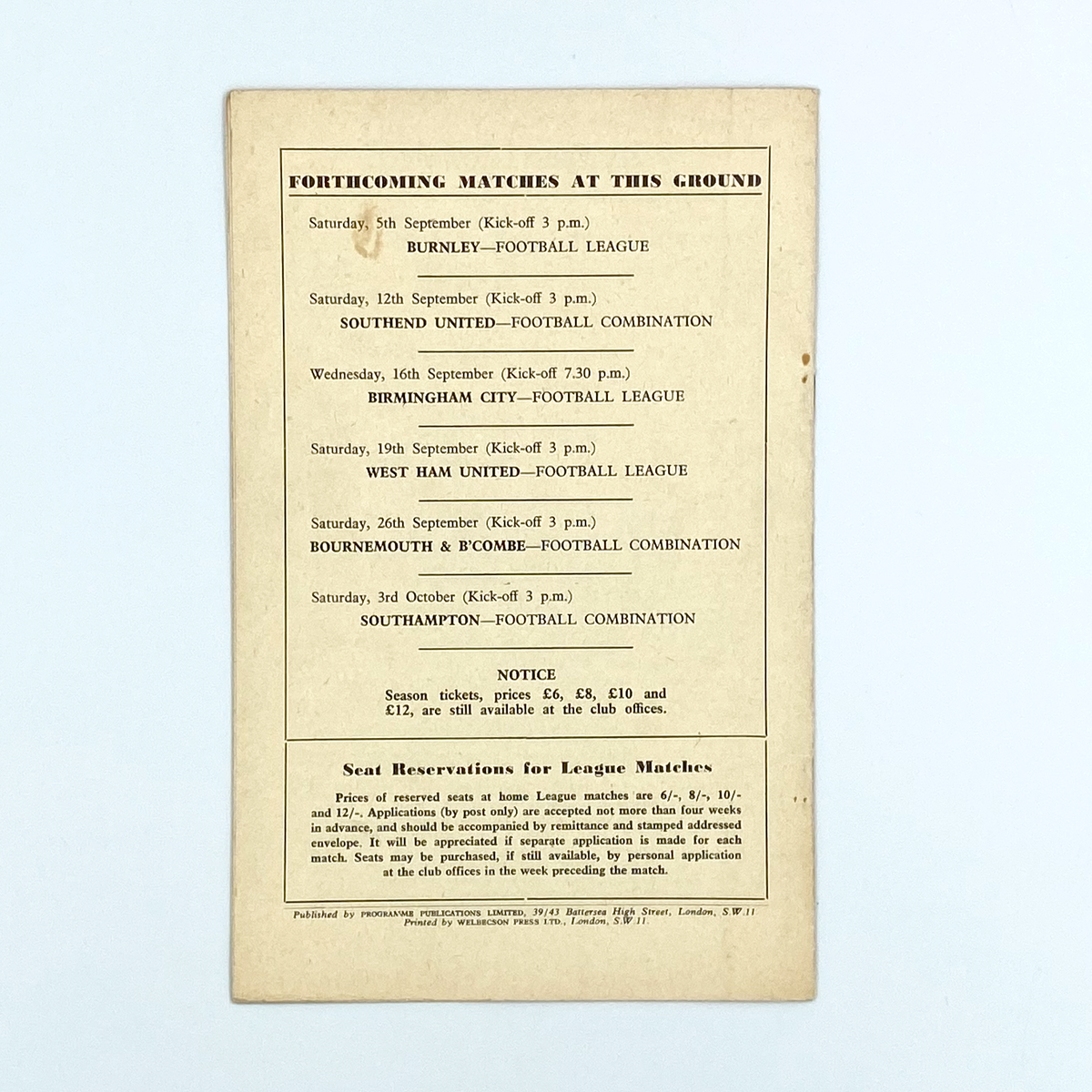 Chelsea vs Manchester United Programme (2 September 1959)