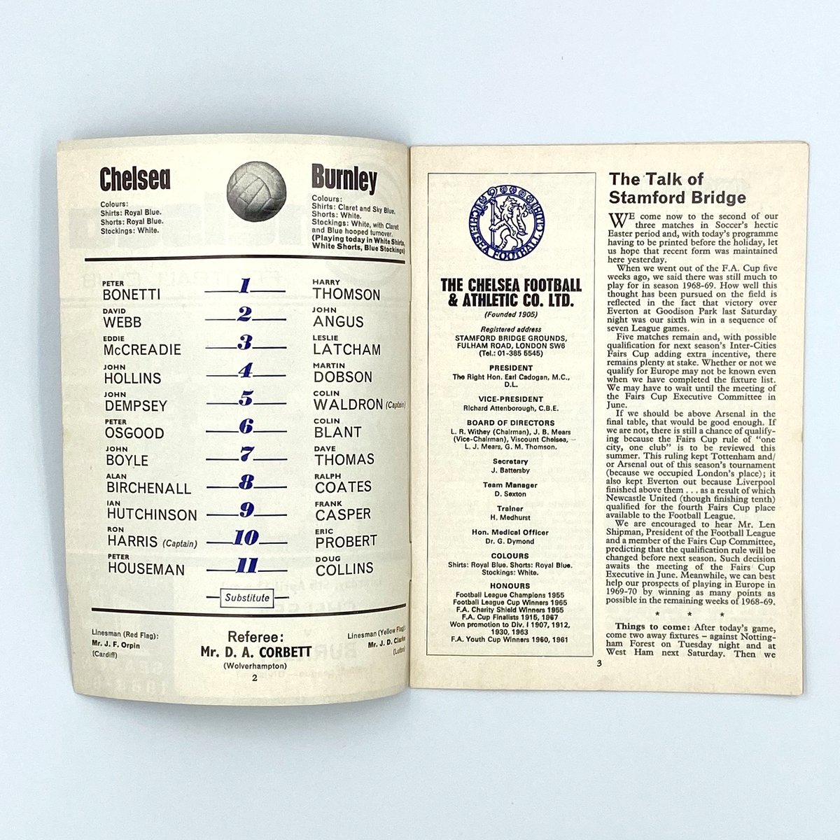 Chelsea vs Burnley Programme (5 April 1969)