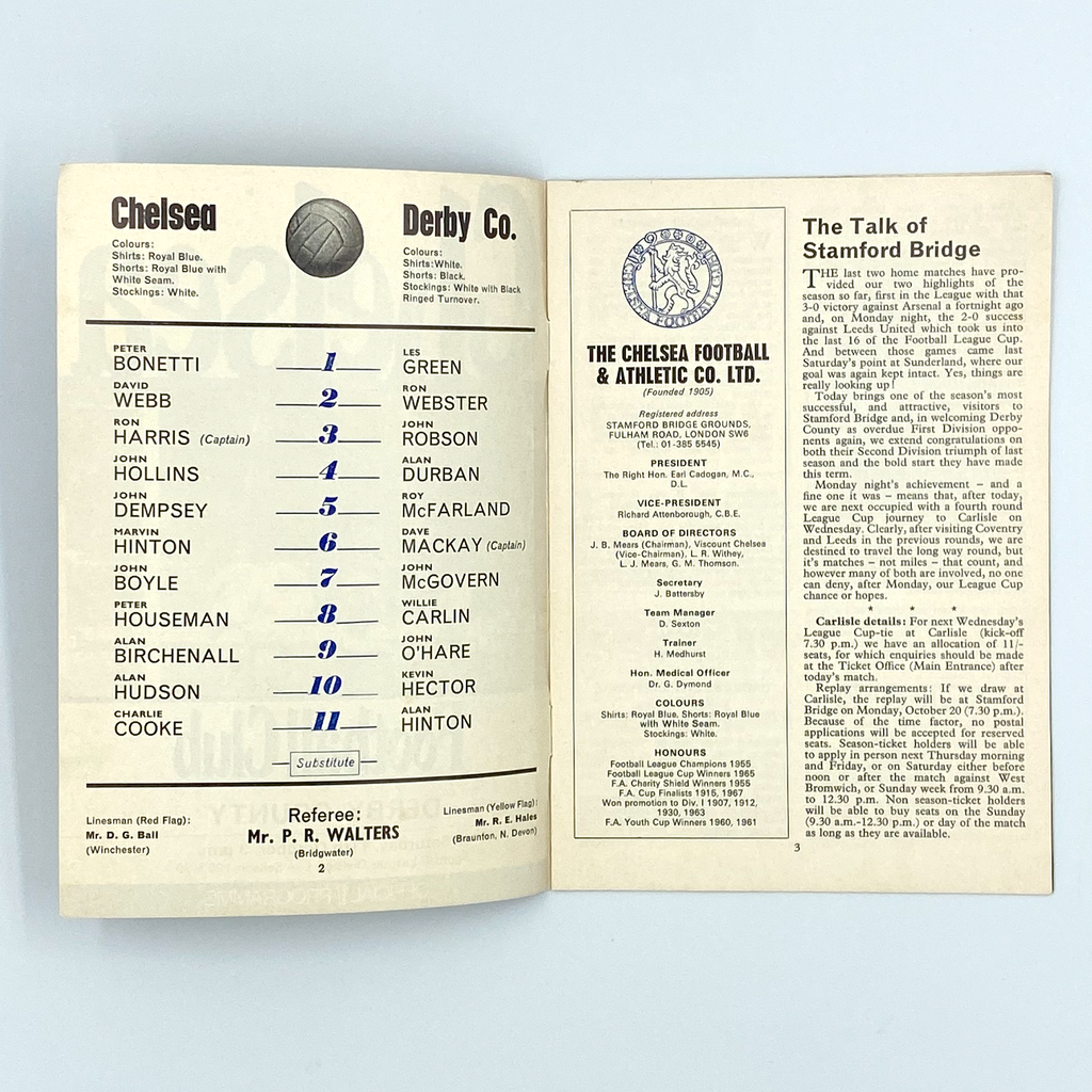 Chelsea vs Derby County Programme (11 October 1969)
