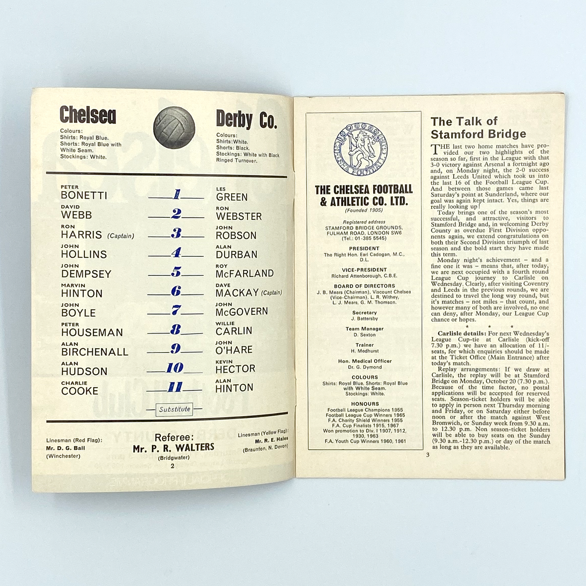 Chelsea vs Derby County Programme (11 October 1969)