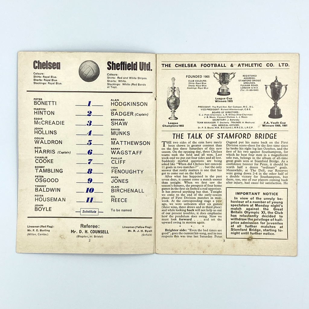 Chelsea vs Sheffield United Programme (6 September 1967)