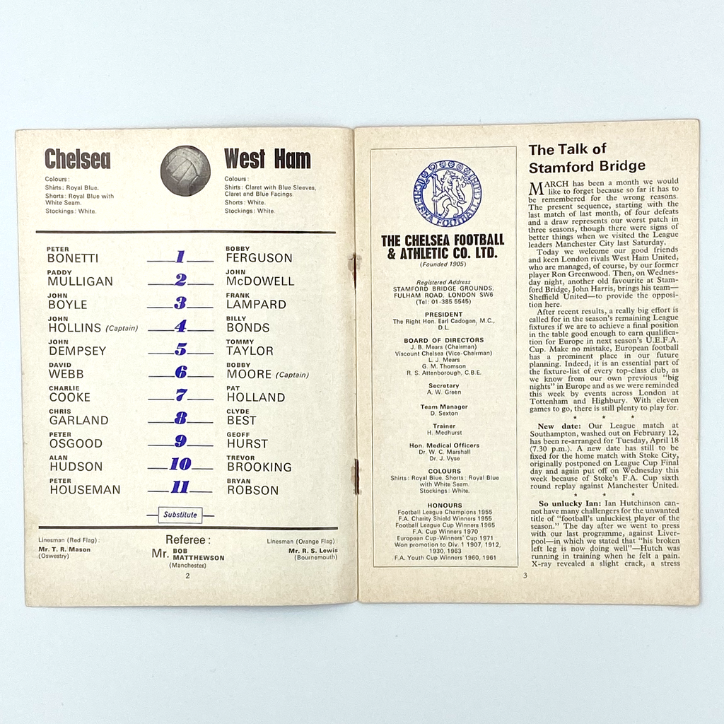 Chelsea vs West Ham United Programme (25 March 1972)