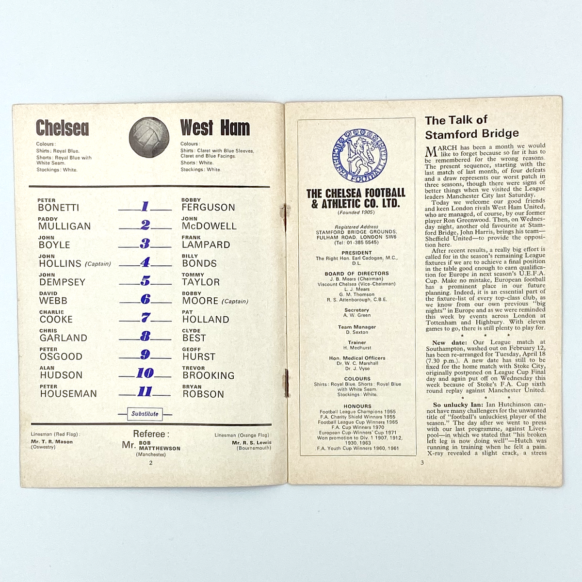 Chelsea vs West Ham United Programme (25 March 1972)