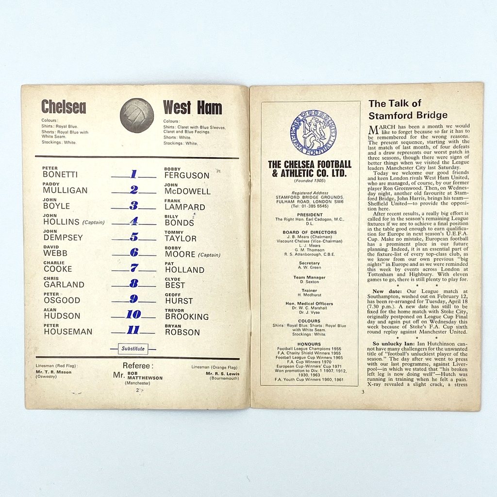 Chelsea vs West Ham United Programme (25 March 1972)