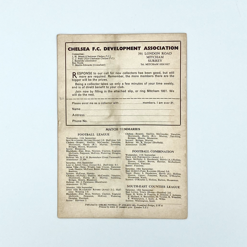 Chelsea vs Tottenham Hotspur Programme (21 September 1963)