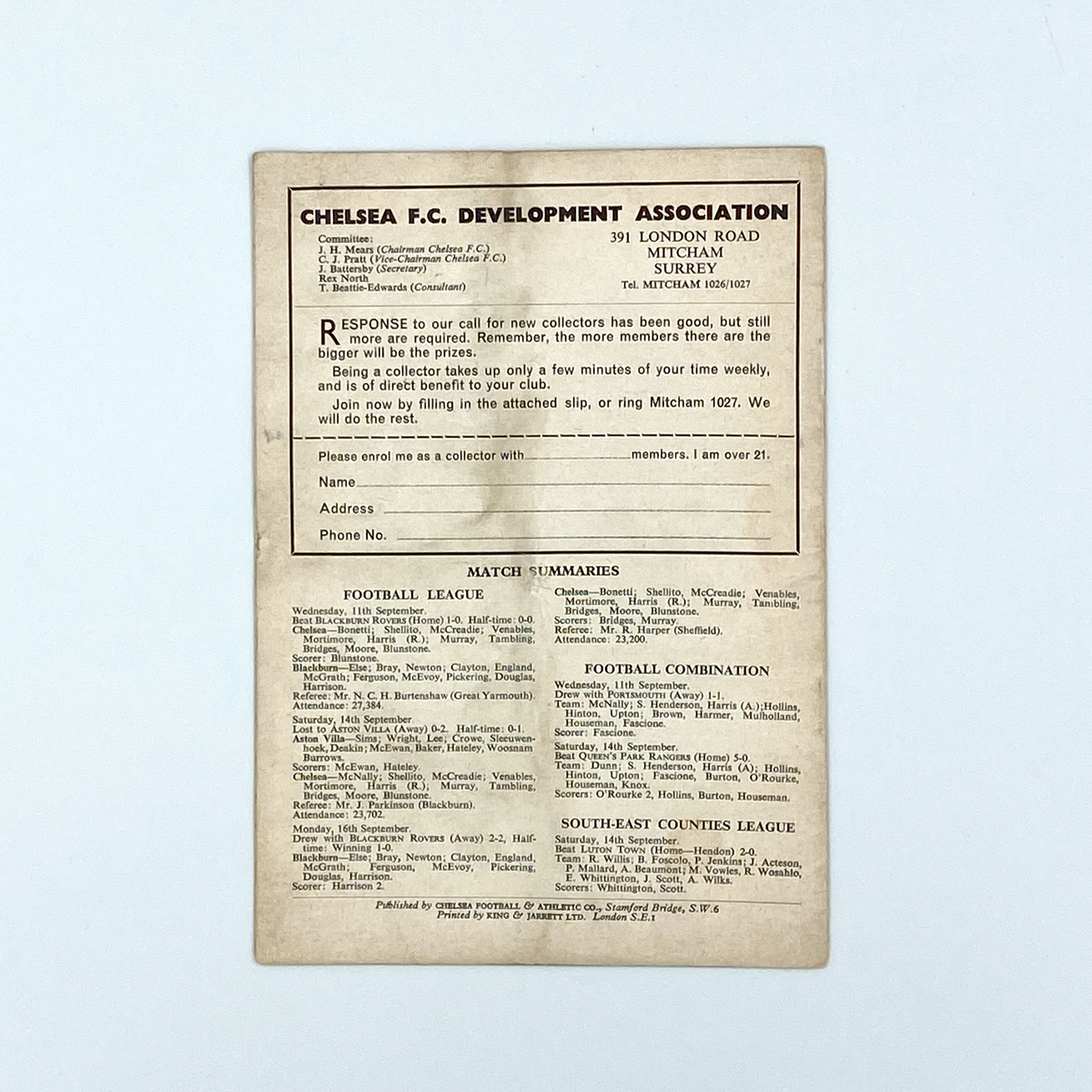 Chelsea vs Tottenham Hotspur Programme (21 September 1963)