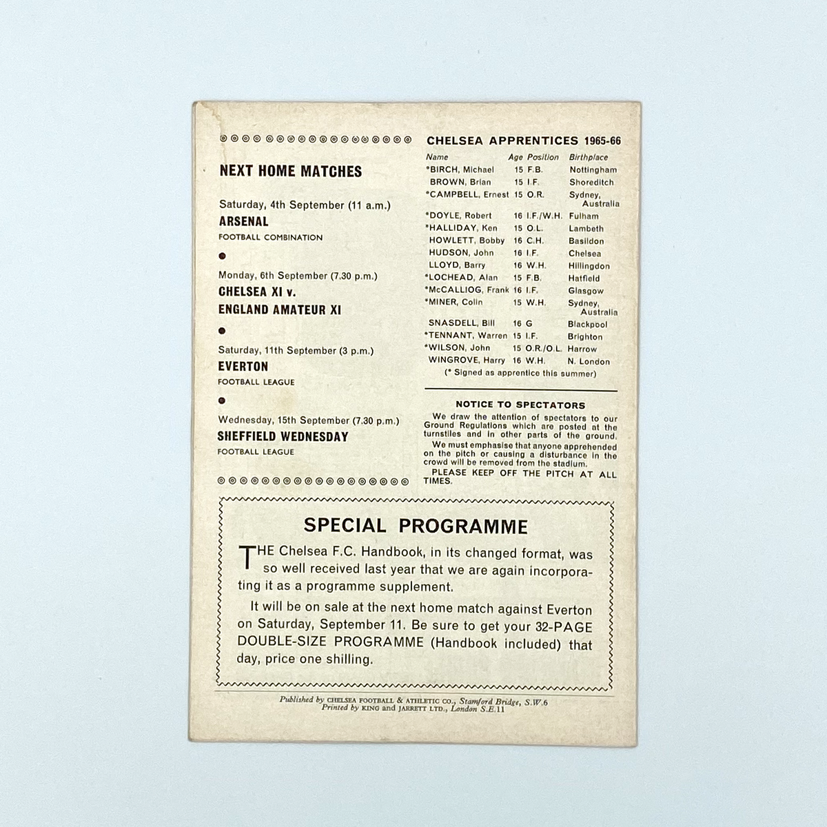 Chelsea vs Stoke City Programme (1 September 1965)