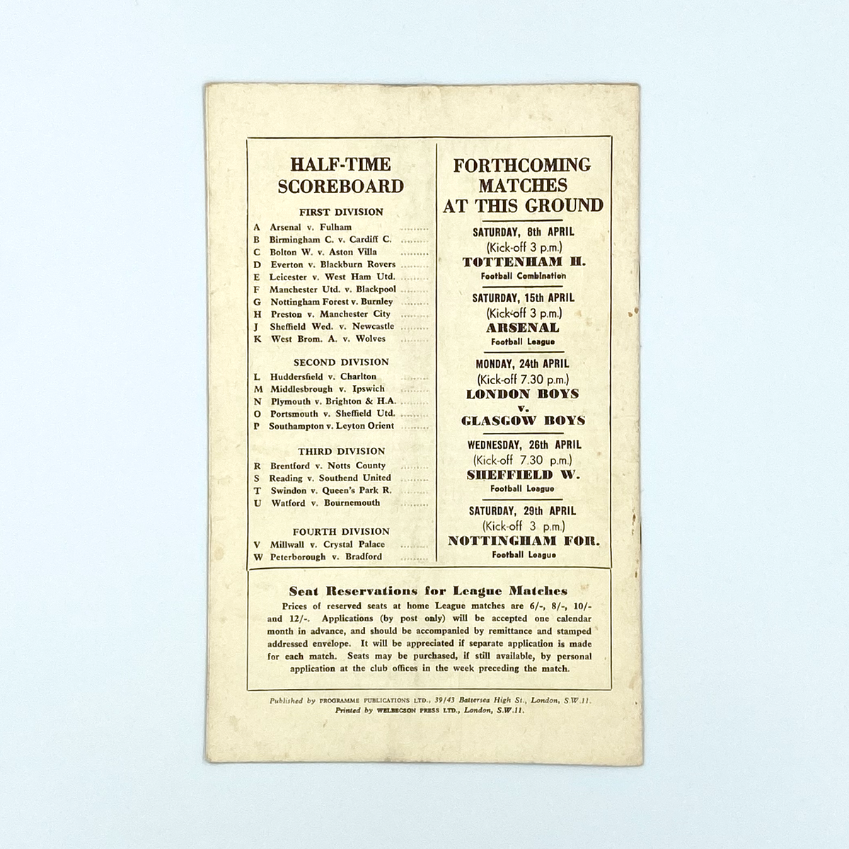 Chelsea vs Tottenham Hotspur Programme (3 April 1961)