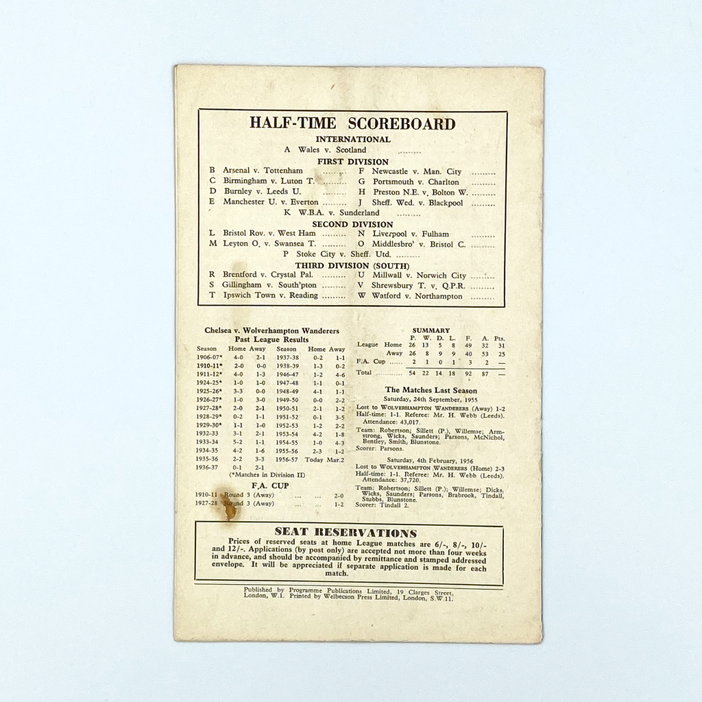 Chelsea vs Wolverhampton Wanderers Programme (20 October 1956)