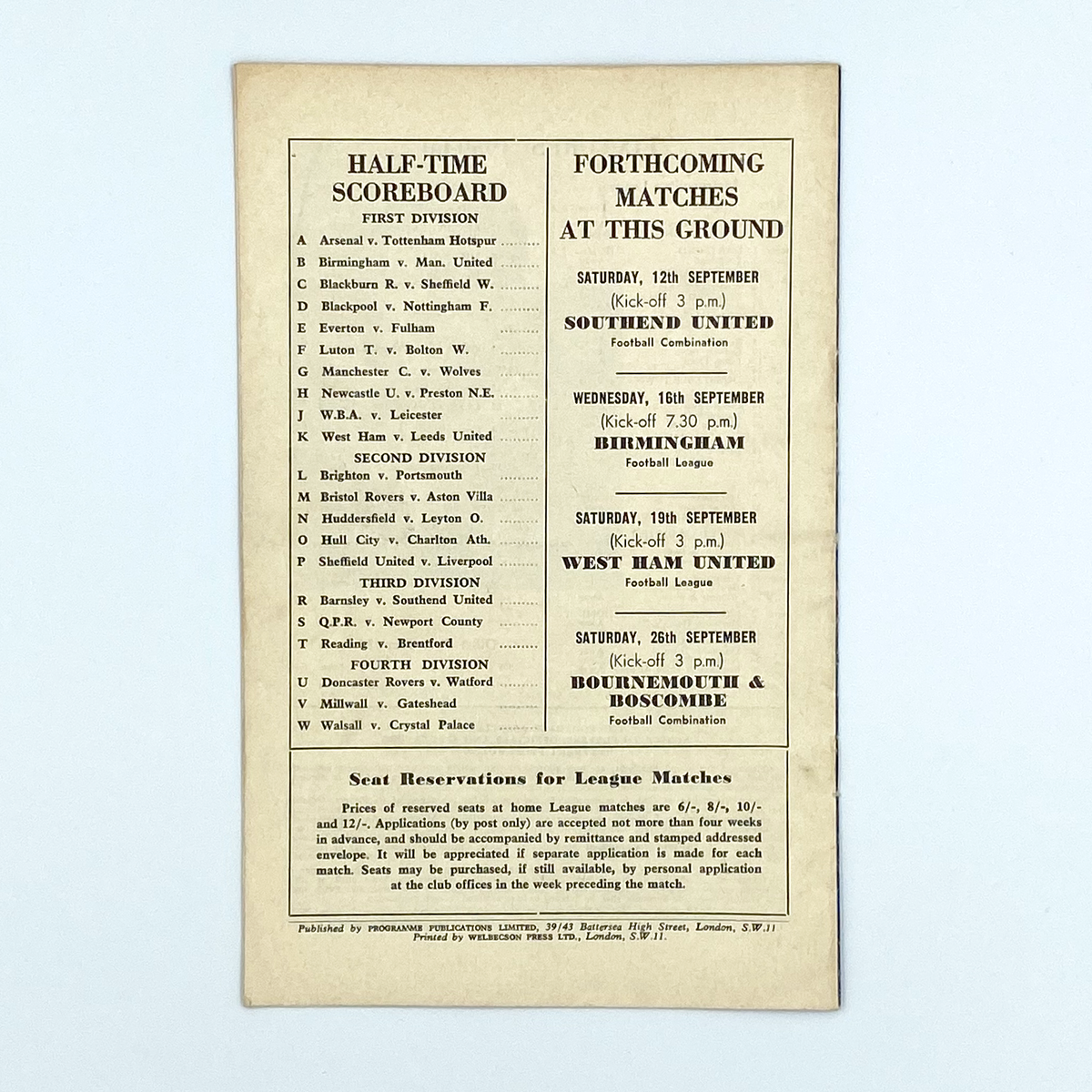 Chelsea vs Burnley Programme (5 September 1959)