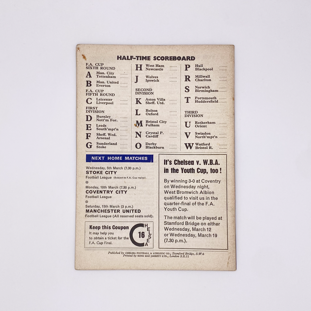 Chelsea vs West Bromwich Albion Programme (1 March 1969)