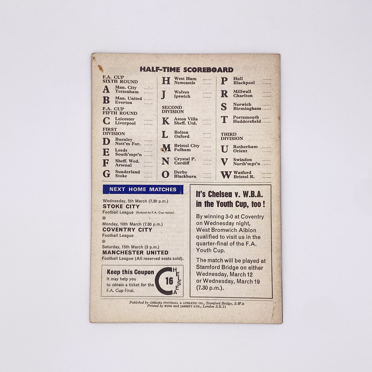Chelsea vs West Bromwich Albion Programme (1 March 1969)