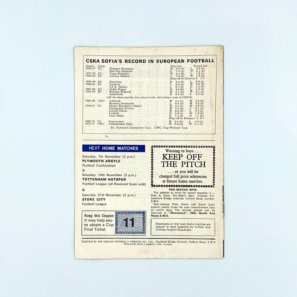 Chelsea vs CSKA Sofia Programme (4 November 1970)