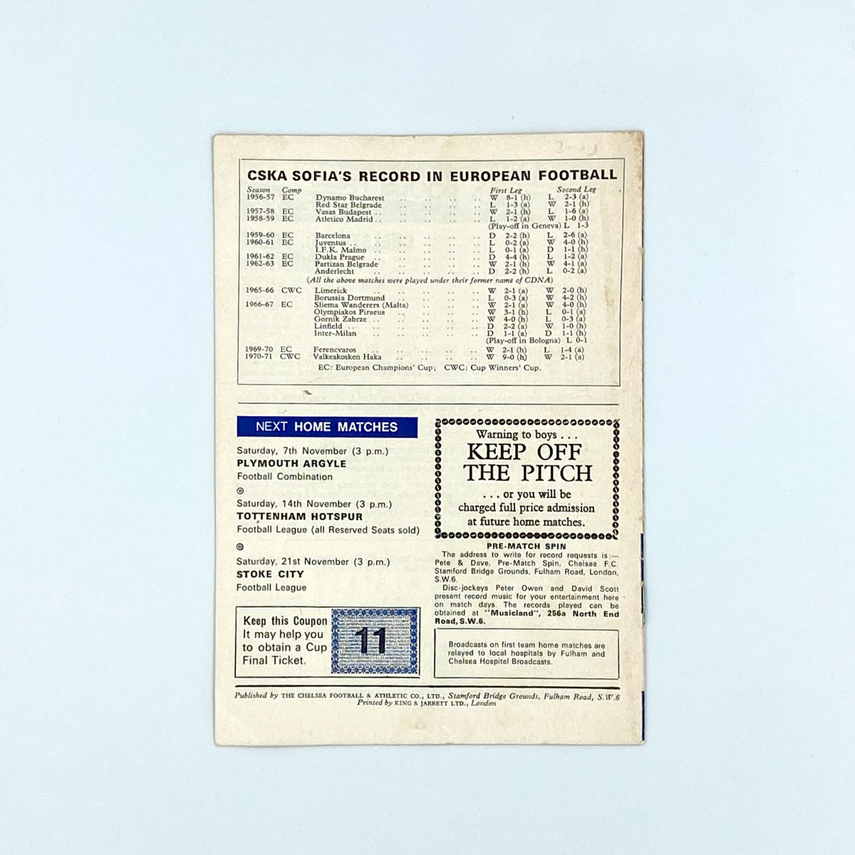 Chelsea vs CSKA Sofia Programme (4 November 1970)