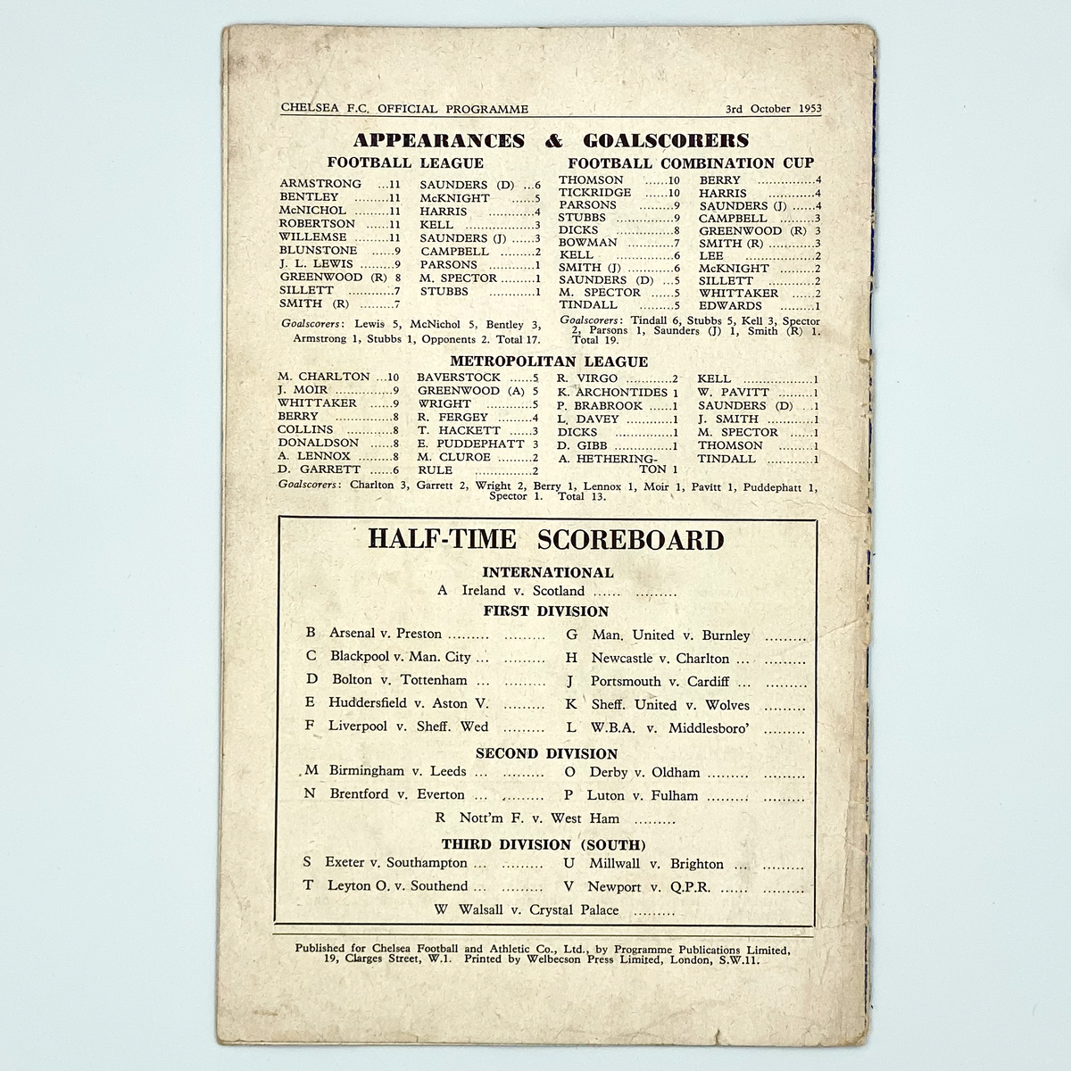 Chelsea vs Sunderland Programme (3 October 1953)