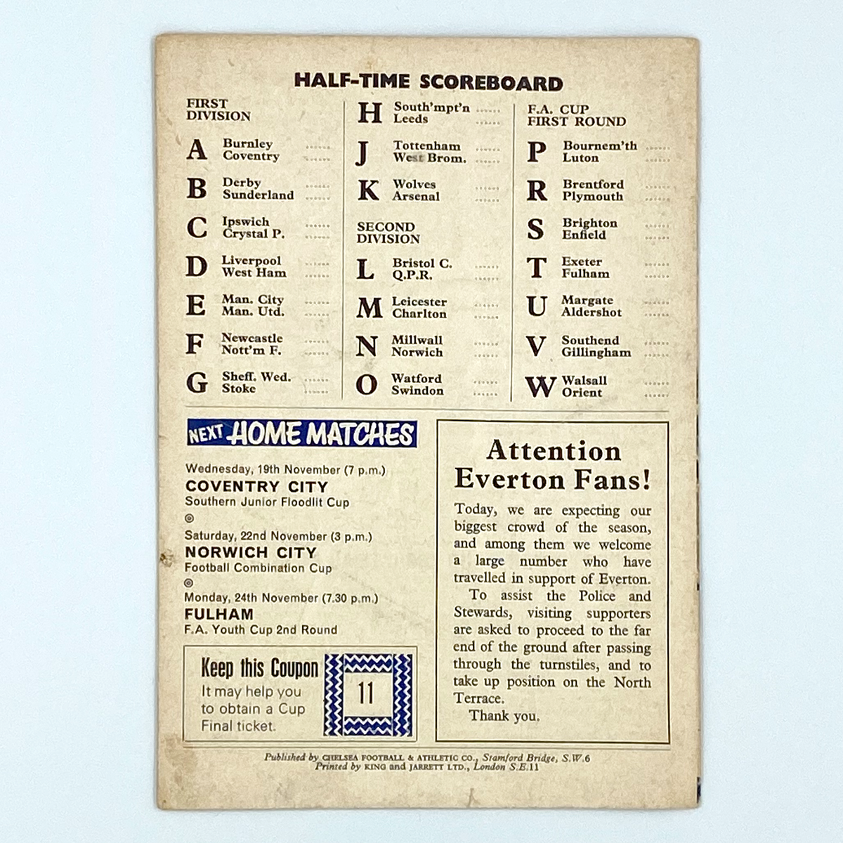 Chelsea vs Everton Programme (15 November 1969)