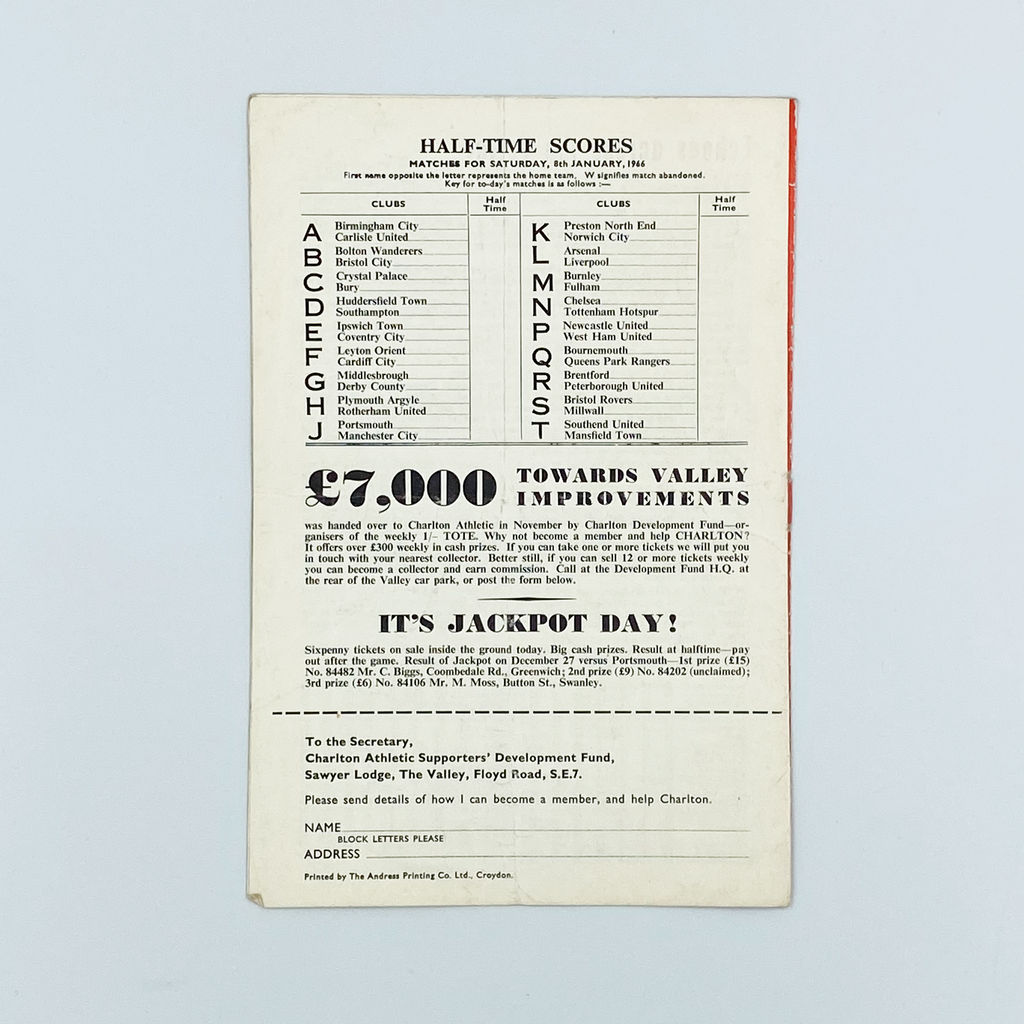 Charlton Athletic vs Wolverhampton Wanderers Programme (8 January 1966)