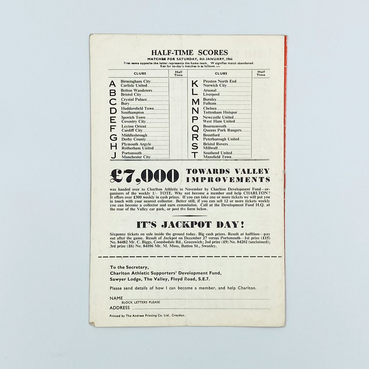 Charlton Athletic vs Wolverhampton Wanderers Programme (8 January 1966)