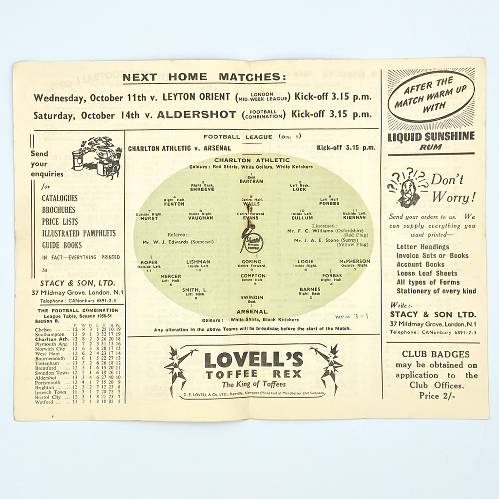 Charlton Athletic vs Arsenal Programme (7 October 1950)