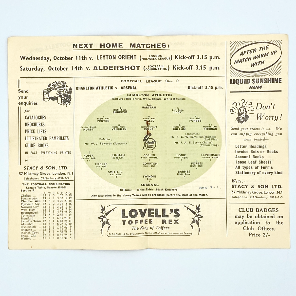 Charlton Athletic vs Arsenal Programme (7 October 1950)