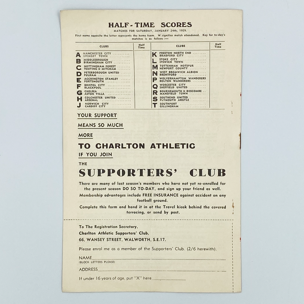 Charlton Athletic vs Everton Programme (24 January 1959)